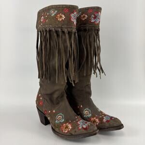 Old Gringo Women’s 7 Cowboy Boots Multi Floral Embroidered Fringe Brown Leather